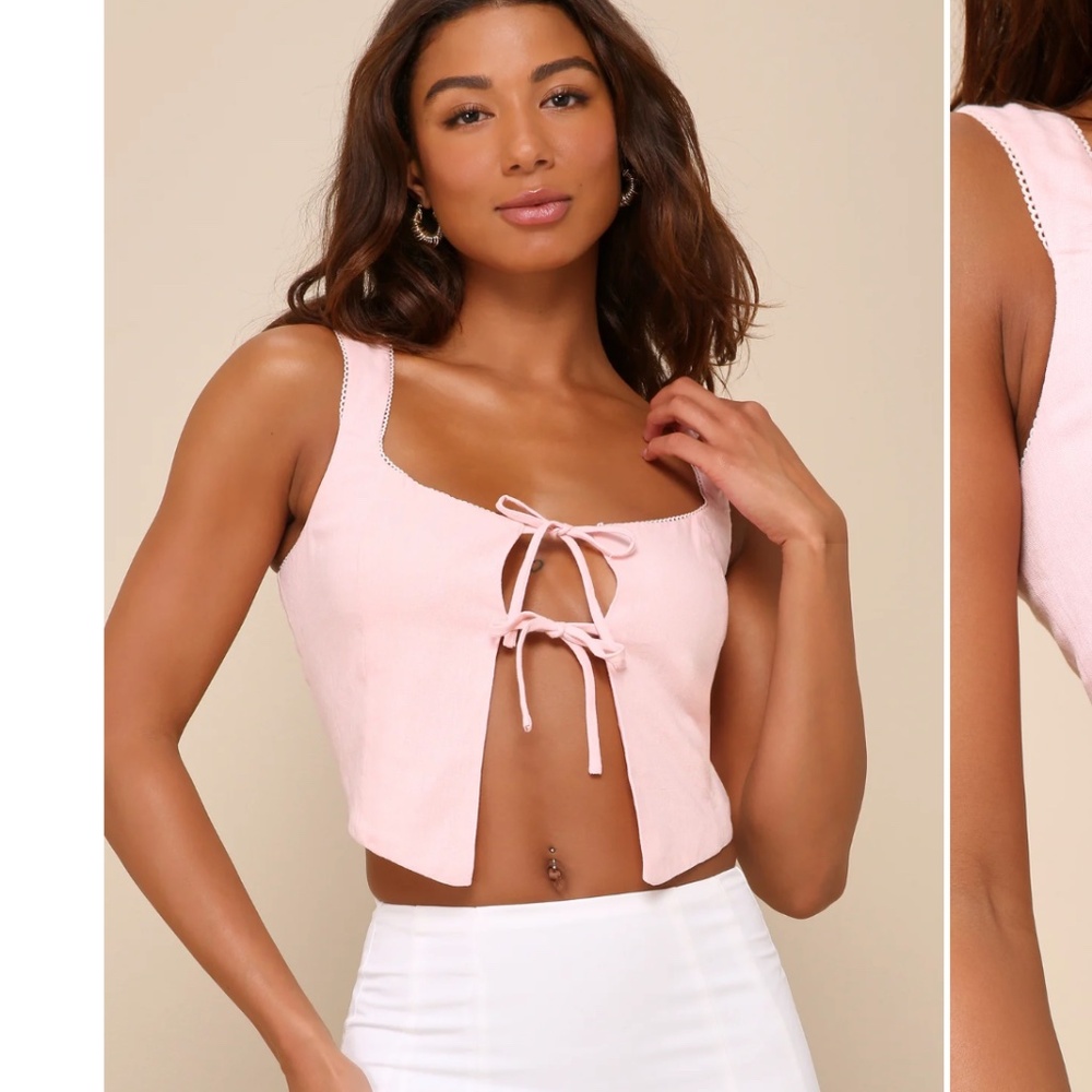 Nathalia Corset Light Pink Linen Lace Tie-Front Crop Top